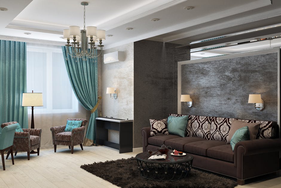 Luxurious modern living room with chandelier, sofa, armchairs, and stylish decor